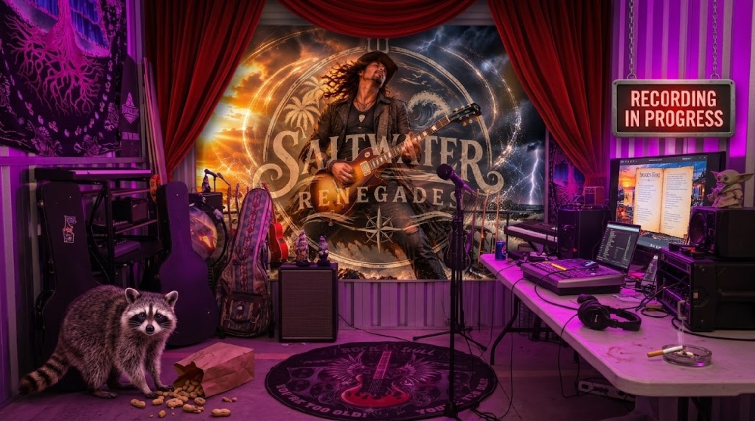 Renegade Studios with purple lighting, red stage curtains, the Saltwater Renegades guitarist mural, real studio equipment, a Recording in Progress sign, and Colonel Cat beside a spilled bag of peanuts.